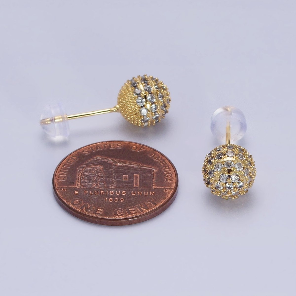 Gold 8mm, 10mm Round Shambala Bead Micro Paved Stud Earrings | AB1010 AB1011