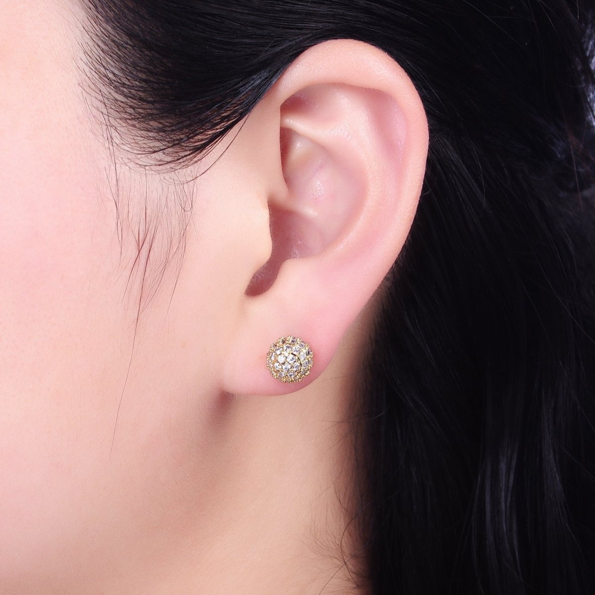 Gold 8mm, 10mm Round Shambala Bead Micro Paved Stud Earrings | AB1010 AB1011