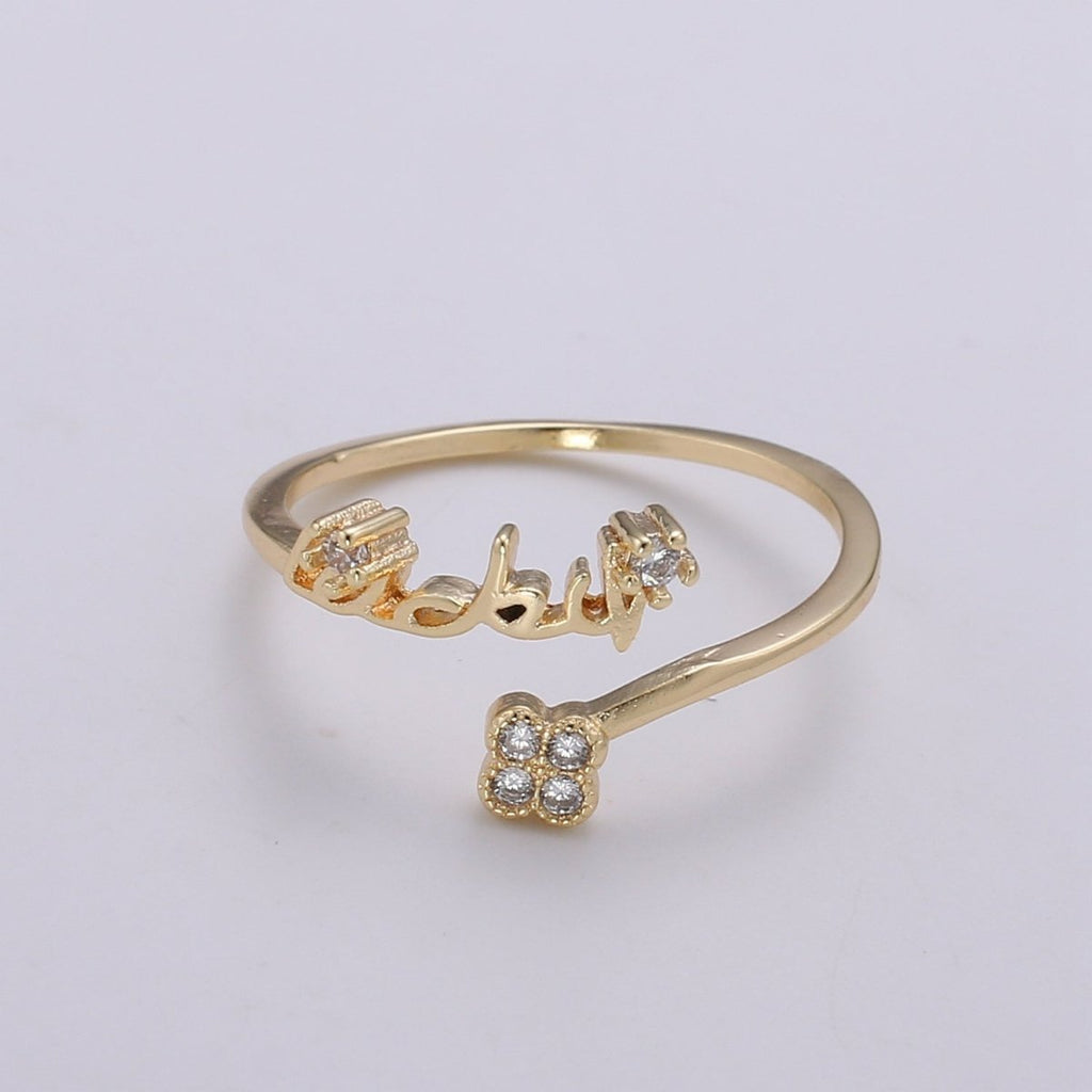 Gold Adjustable Clover Ring with Cz Stone, Four Leaf Clover Good Luck Ring for Her Floral Ring for Minimalist Jewelry R-182 - DLUXCA