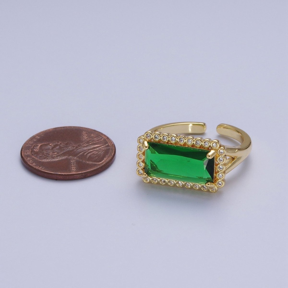 Gold Baguette Emerald Green & Round Clear Cubic Zirconia Adjustable Ring R-008 - DLUXCA