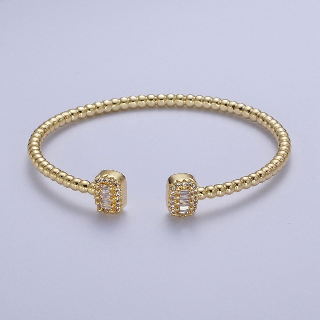 Gold Beaded Micro Paved Double Bar Clear Fuchsia Green Baguette Cubic Zirconia Bangle Bracelet | WA-1166 WA-1167 WA-1168 Clearance Pricing - DLUXCA