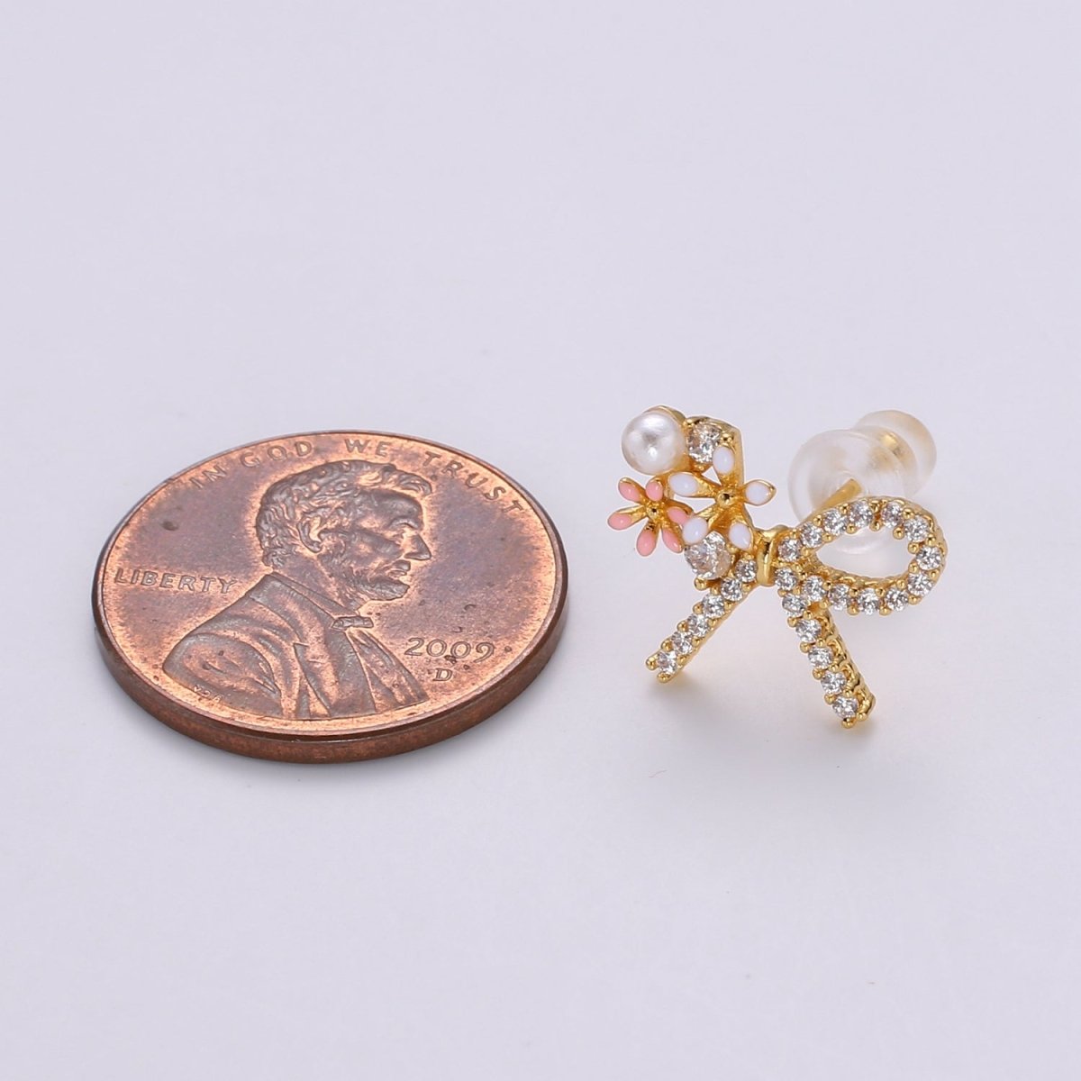 Gold Bow Earrings- 24k Gold Tiny Dainty Small Bow White CZ Gem Minimalist Jewelry Studs for Women Q-384 Q-385 - DLUXCA