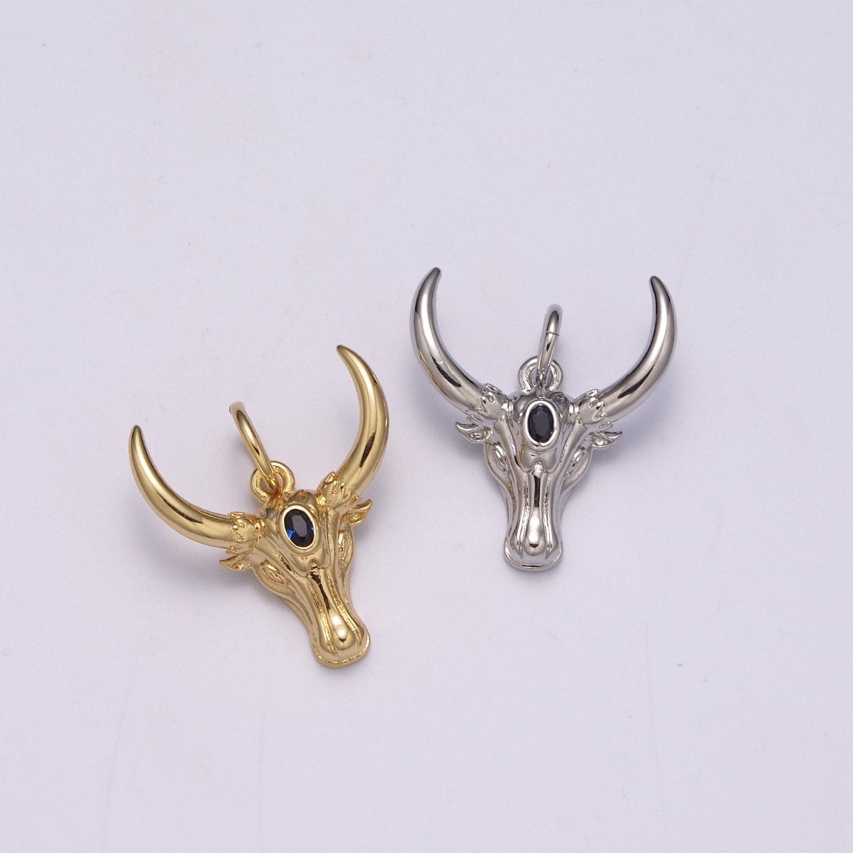 Gold Bull Head Pendant, Long Horn Men Pendant, Silver Texas Pendant Animal Men Charm Necklace, M-870-M-871