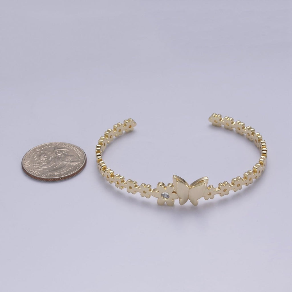 Gold Butterfly Bracelet Whimsical Flower Floral Bangle Bracelet Open Adjustable Jewelry | WA-778 Clearance Pricing