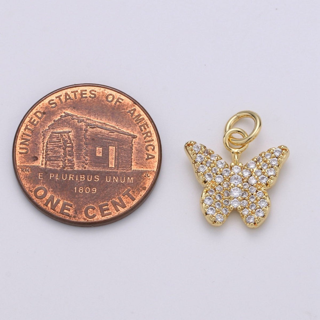Gold Butterfly Charm CZ Micro Pave, Butterfly Pendant for Necklace Earring Bracelet Supply in 24k Gold plated Findings D-480 - DLUXCA
