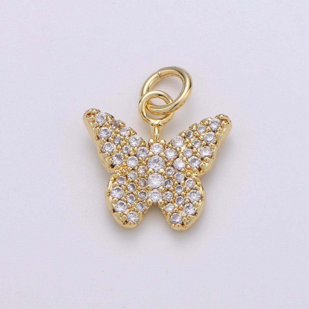 Gold Butterfly Charm CZ Micro Pave, Butterfly Pendant for Necklace Earring Bracelet Supply in 24k Gold plated Findings D-480 - DLUXCA