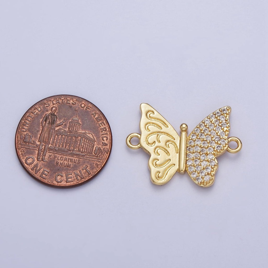 Gold Butterfly Connector Charm, Half Engraving Half Micro Pave Cubic Zirconia Bracelet Necklace Connector For Jewelry Making F-059 - DLUXCA