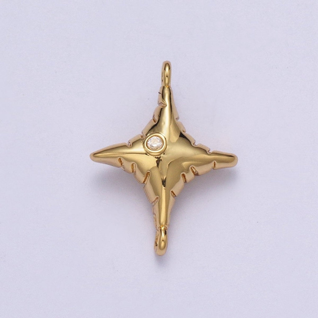 Gold Celestial Four Pointed North Star Textured with Round Dainty Cubic Zirconia Charm Component For Jewelry Making G-527 - DLUXCA
