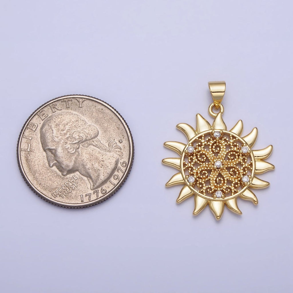 Gold Celestial Shinning Sun Filigree Beaded Clear CZ Pendant | AA157 - DLUXCA