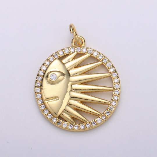 Gold Celestial Sun Crescent Moon Charm, Micro Pave CZ Charm 14K Gold plated Pendant Celestial Face Necklace Charm for Jewelry Making D-831 - DLUXCA