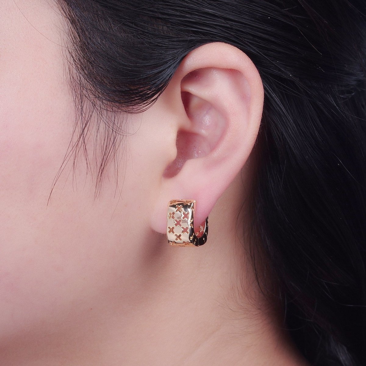Gold Chunky X Hoop Earring Bold Gold plated Earring T-494 - DLUXCA