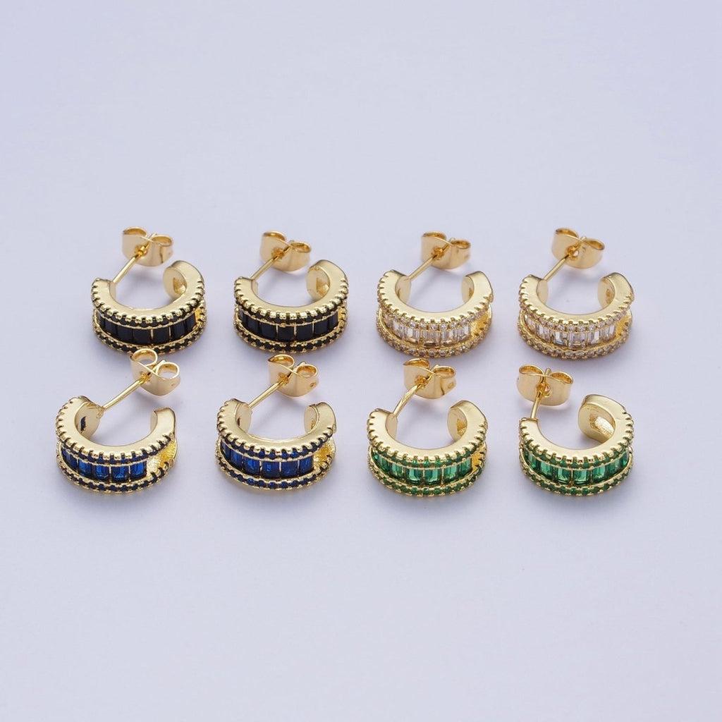 Gold Clear Black Green G042 Baguette Micro Paved Cubic Zirconia Wide C Shaped Hoop Stud Earrings | P-271 P-272 P-273 P-274