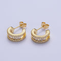 Gold Clear Black Green G042 Baguette Micro Paved Cubic Zirconia Wide C Shaped Hoop Stud Earrings | P-271 P-272 P-273 P-274