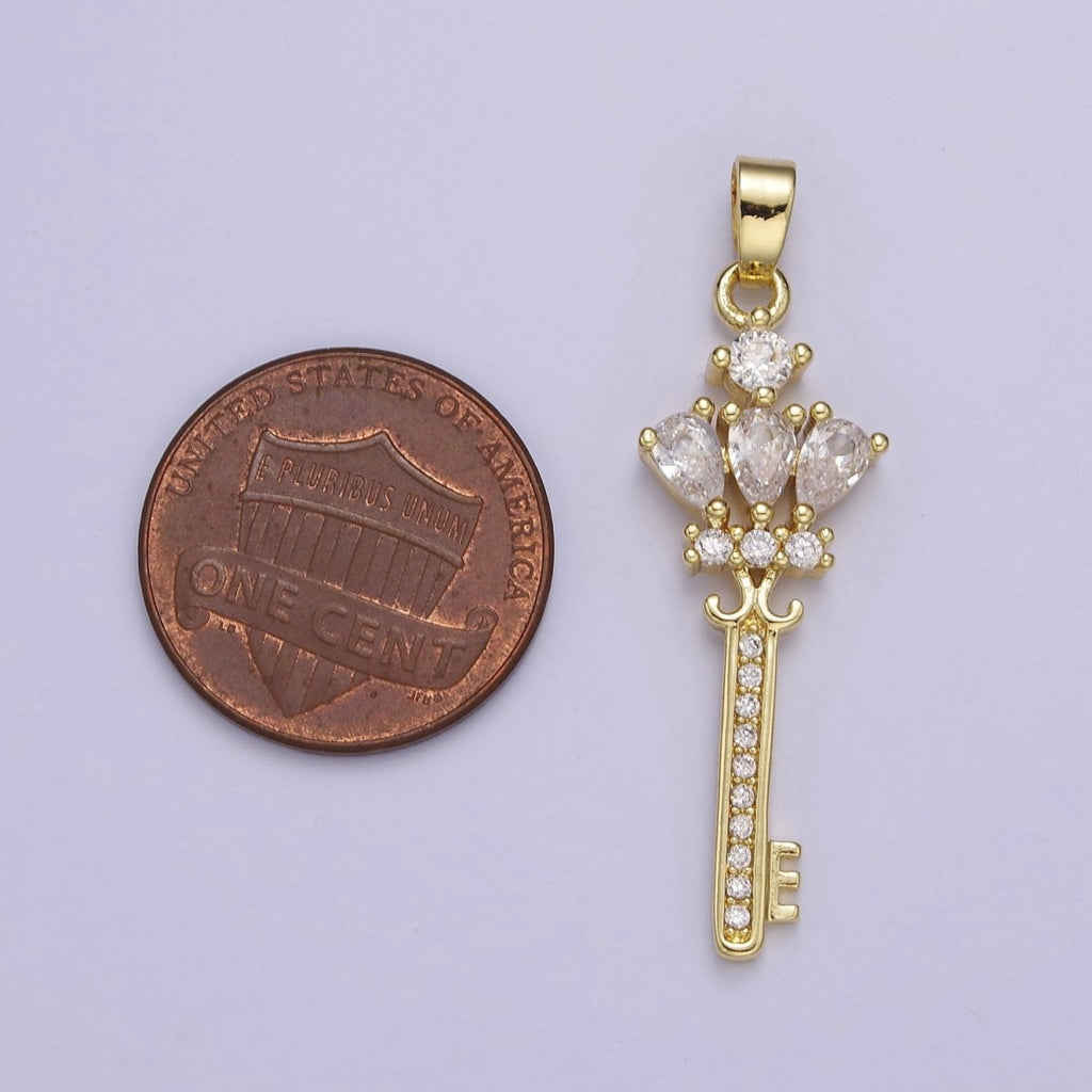 Gold Clear / Purple Crown Key Cubic Zirconia CZ Pendant, Micro Pave Gold Key Charm For Jewelry Necklace Making J-590 J-592