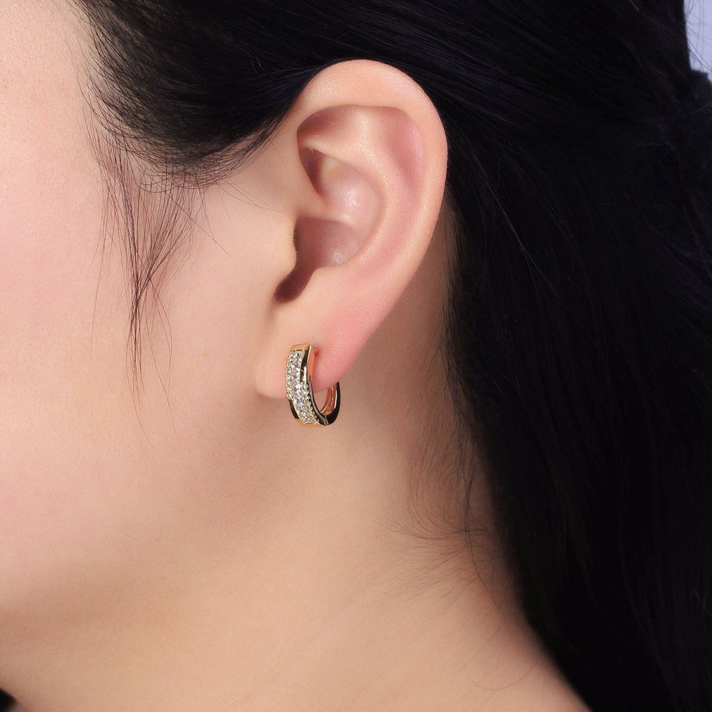 Gold Clear Square Lined Micro Paved CZ English Lock Earrings | AB391 - DLUXCA