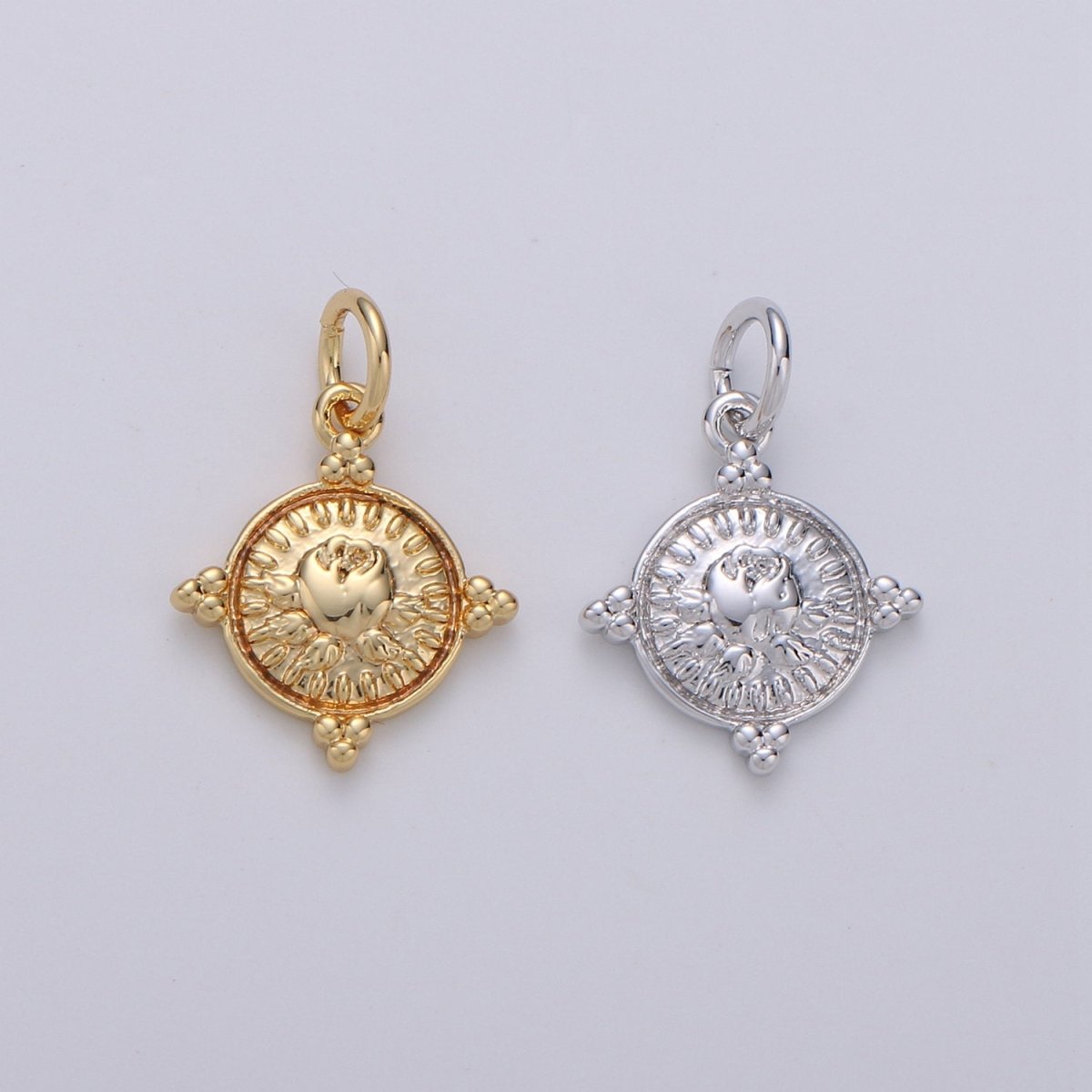 Gold Coin Charm - Silver coin charm, gold coin finding, flower charm, gold flower charm, Rose coin pendant, Dainty Charm, D-466, D-467