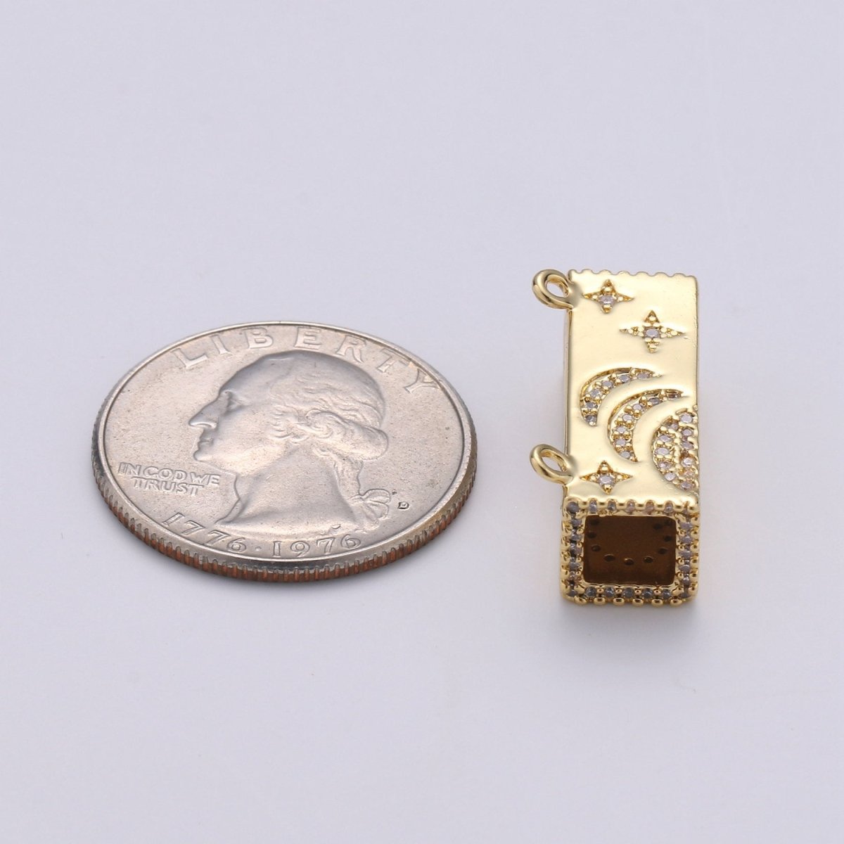 Gold Cresent Moon On Cuboid Shape Charms, Gold Star Pendant, Cube Necklace Charms with Double Bail / Dangle Charm F-439 - DLUXCA