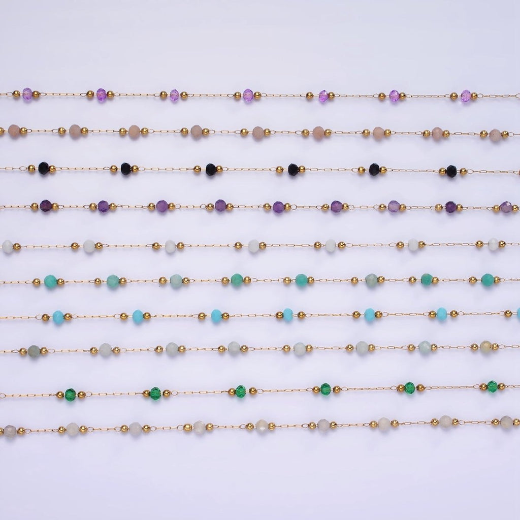 Gold Crystal Beaded Chains Stainless Steel Rosary Cable Chain Glass Rondelles with 3mm GREEN Round Beads | ROLL-1458 to ROLL-1464 and ROLL-1475