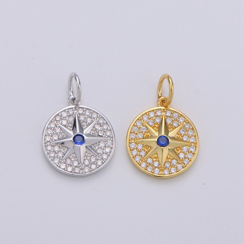 Gold cubic Star charms ,cubic North Star pendants, Coin charm, medallion charm, Celstial star pendants Real Gold Plated / Silver plated D-284