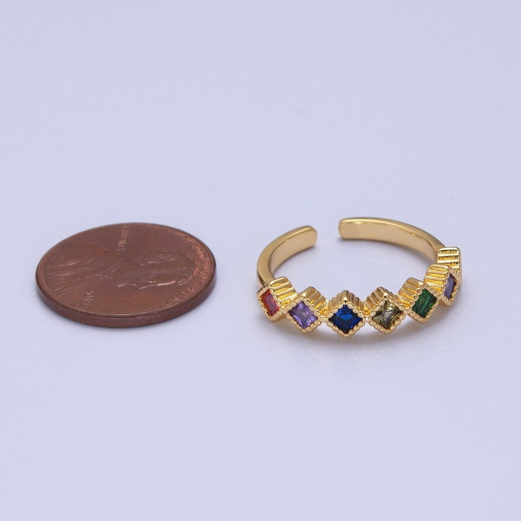 Gold Cuff CZ Ring Open Cuff Ring Tiny Rhombus Diamonds Ring-Adjustable Ring Minimalist Jewelry O-2132 - DLUXCA