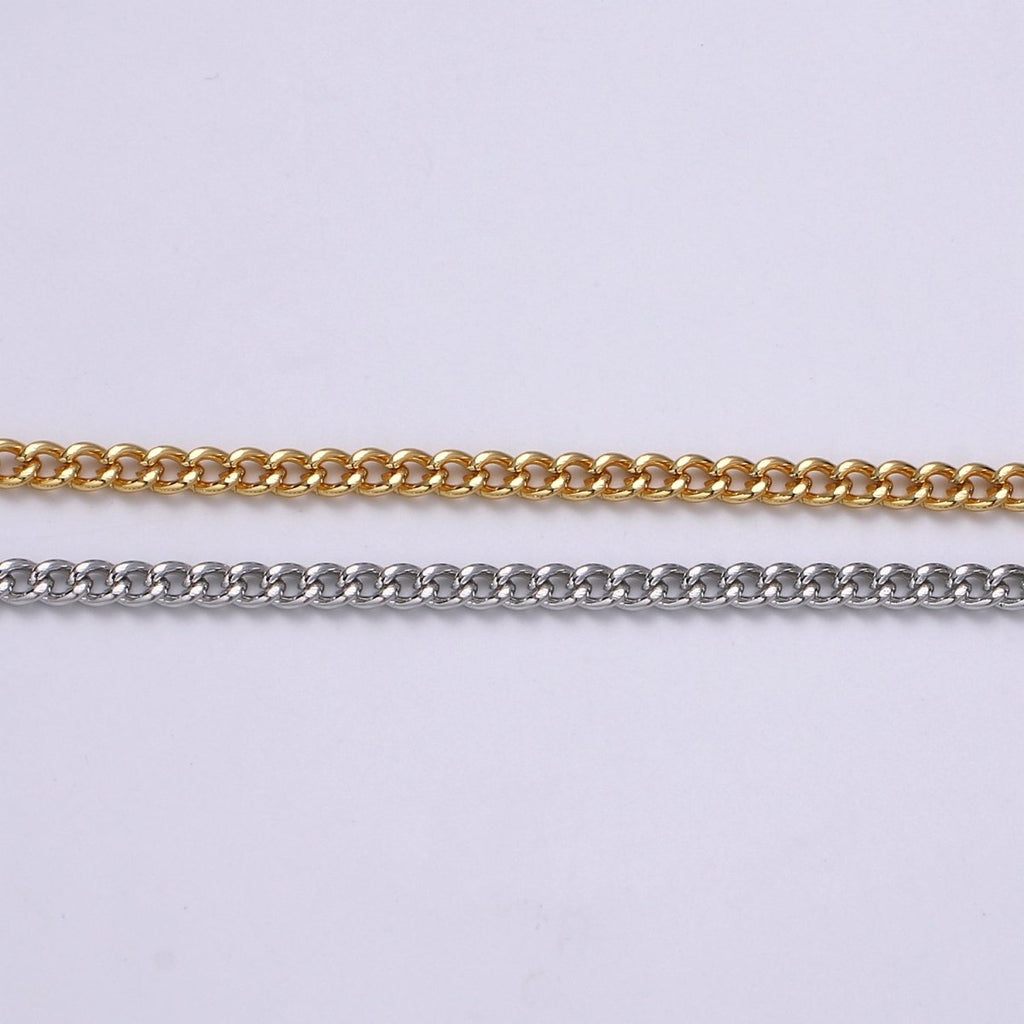 Gold CURB Chain by Yard, Wholesale Bulk Roll Chain For Jewelry Making, Width 2.9mm, 24K Gold plated, White Gold plated Matte Unfinished Chain | ROLL-497, ROLL-498 Clearance Pricing - DLUXCA