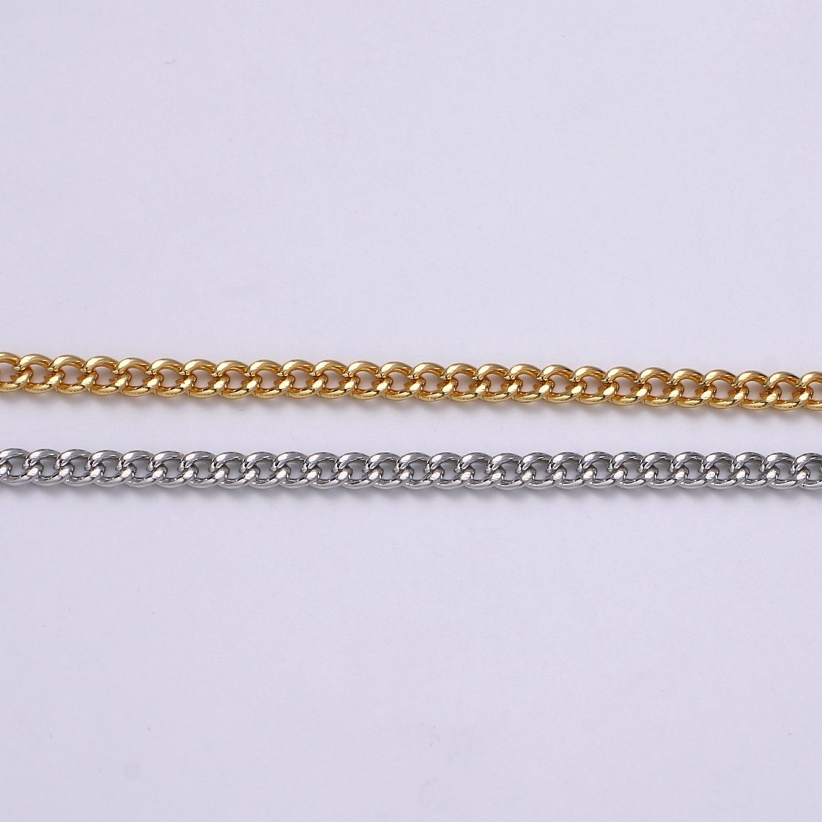 Gold CURB Chain by Yard, Wholesale Bulk Roll Chain For Jewelry Making, Width 2.9mm, 24K Gold plated, White Gold plated Matte Unfinished Chain | ROLL-497, ROLL-498 Clearance Pricing - DLUXCA