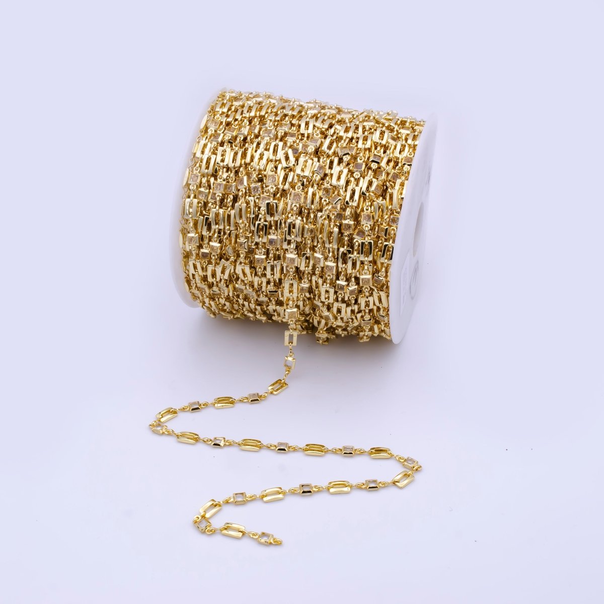 Gold CZ Clear Square Rectangle Design Chain in 24k Gold plated Chain by the Yard for Geometric Jewelry Making Supply | ROLL-793 Clearance Pricing - DLUXCA