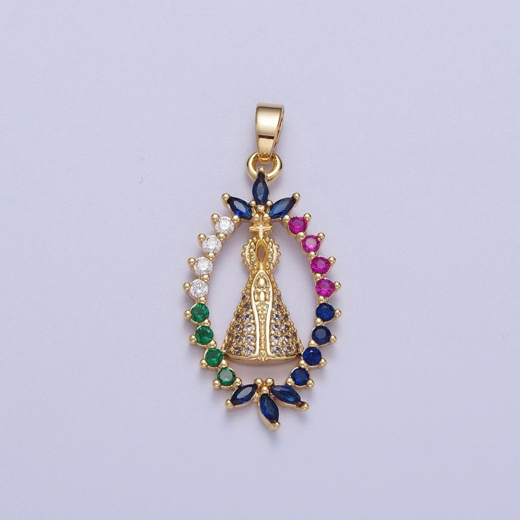 Gold CZ Religious Pope Pendant, 24K Gold Plated Micro Paved Marquise Cut Colorful CZ Religious Cross The Pope Pendant | X-699 - DLUXCA