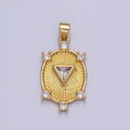 Gold CZ Sunburst Oval Pendant, Gold Clear Micro Paved Triangle Cut Center CZ Sunburst Shining Patterned Oval Medallion Charm | X-540 - DLUXCA