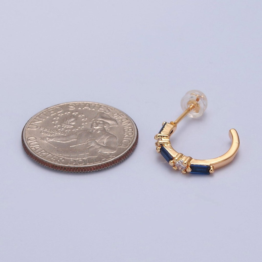 Gold Dainty Blue Cz Baguette Hoop T-382 - DLUXCA
