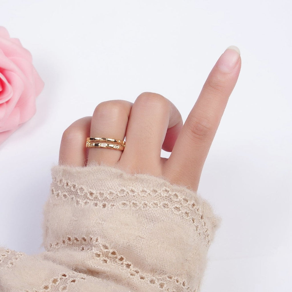 Gold Double Band Micro Paved Cubic Zirconia Geometric Serpent Snake Stacking Ring | X-557 - DLUXCA