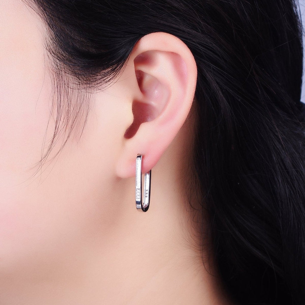 Gold Double Sided Textured Micro Paved Oblong U-Shaped Hoop Earrings in Silver & Gold | AB651 AB886