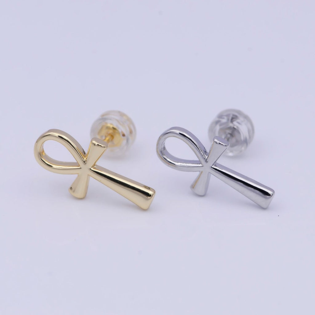 Gold Egyptian Ankh Stud Earrings, Egyptian Symbol, Life , Religious, Egyptian Jewelry, Cartilage Earring X-930 X-931 - DLUXCA