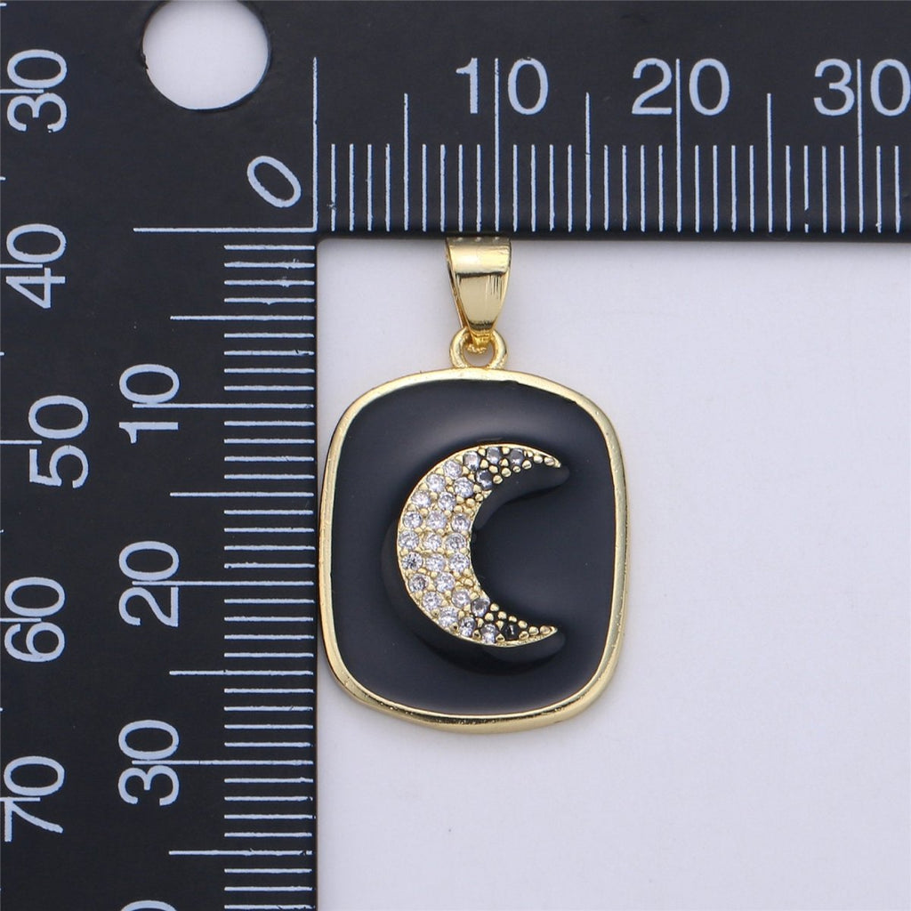 Gold Enamel Moon Charm Military Tag Pendant, Black White Celestial Charm, Enamel Jewelry for Necklace Component  I-450