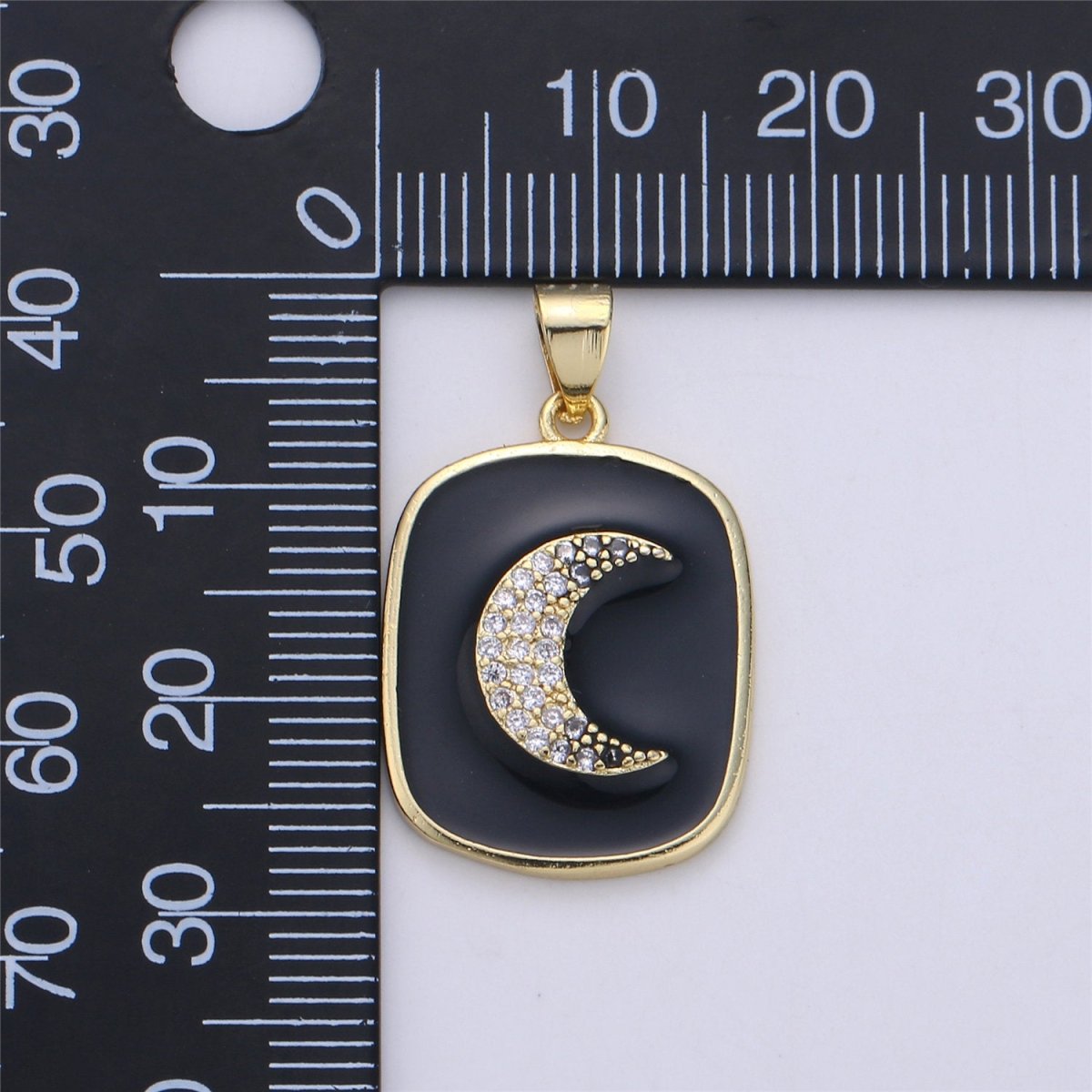 Gold Enamel Moon Charm Military Tag Pendant, Black White Celestial Charm, Enamel Jewelry for Necklace Component  I-450