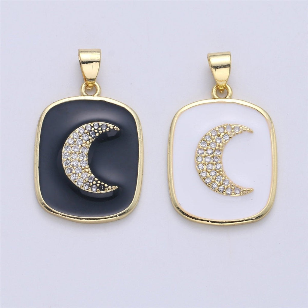Gold Enamel Moon Charm Military Tag Pendant, Black White Celestial Charm, Enamel Jewelry for Necklace Component  I-450