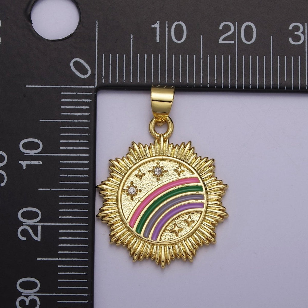 Gold Enamel Rainbow Medallion Pendant with Sunburst Cubic Zirconia Celestial Stars Jewelry For Necklace Earring Making, J-753 - DLUXCA