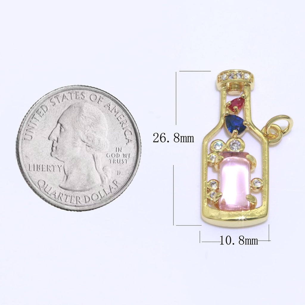 Gold Fill Love Spell Charm- Pink Green Glass Powers Of Love - Love Potion - Wine Bottle Spell Charm for Dainty Minimalist jewelry Component M-548 M-549
