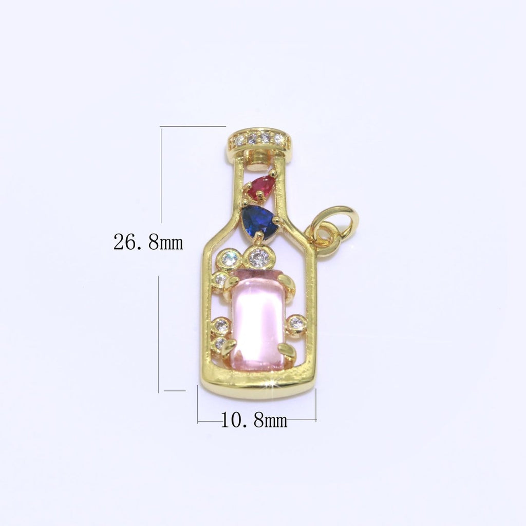Gold Fill Love Spell Charm- Pink Green Glass Powers Of Love - Love Potion - Wine Bottle Spell Charm for Dainty Minimalist jewelry Component M-548 M-549