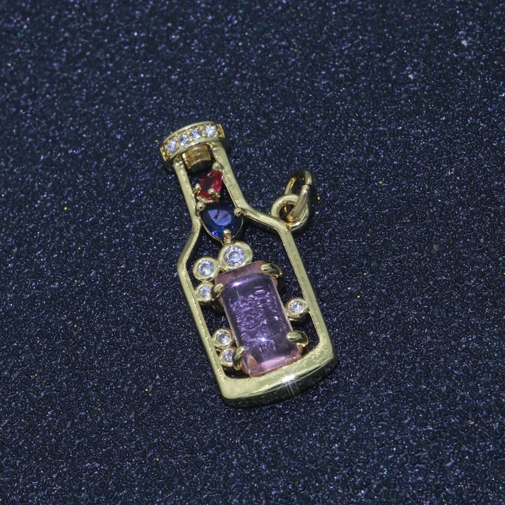 Gold Fill Love Spell Charm- Pink Green Glass Powers Of Love - Love Potion - Wine Bottle Spell Charm for Dainty Minimalist jewelry Component M-548 M-549