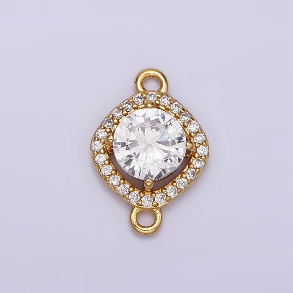 Gold plated 10mm Clear Round CZ Rhombus Micro Paved Connector G-721 - DLUXCA
