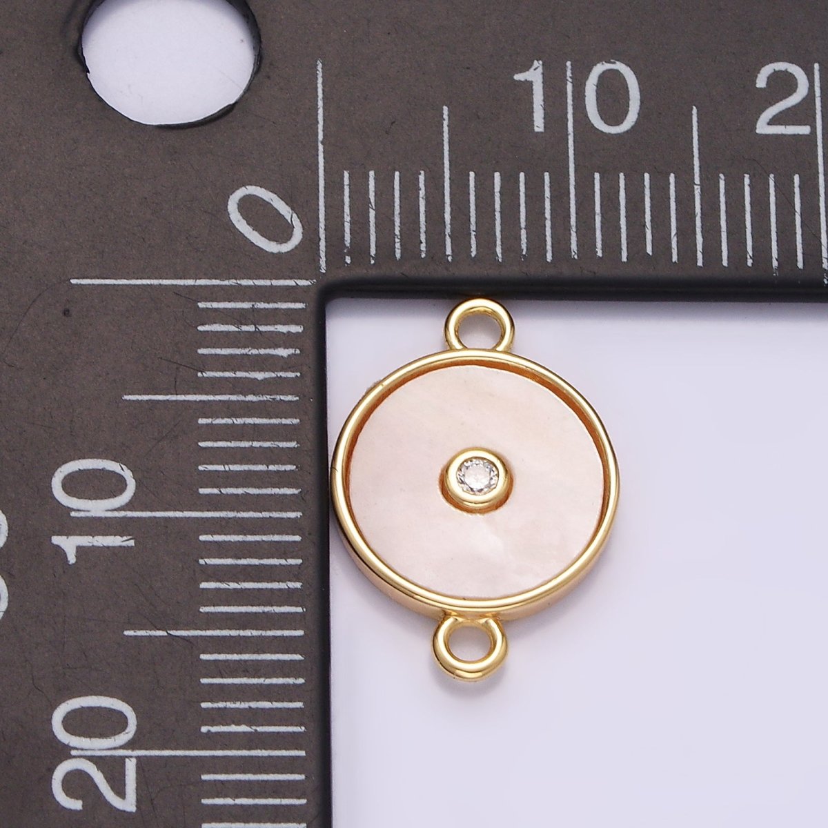 Gold plated 11.5mm Shell Pearl Clear CZ Round Connector G-707 - DLUXCA