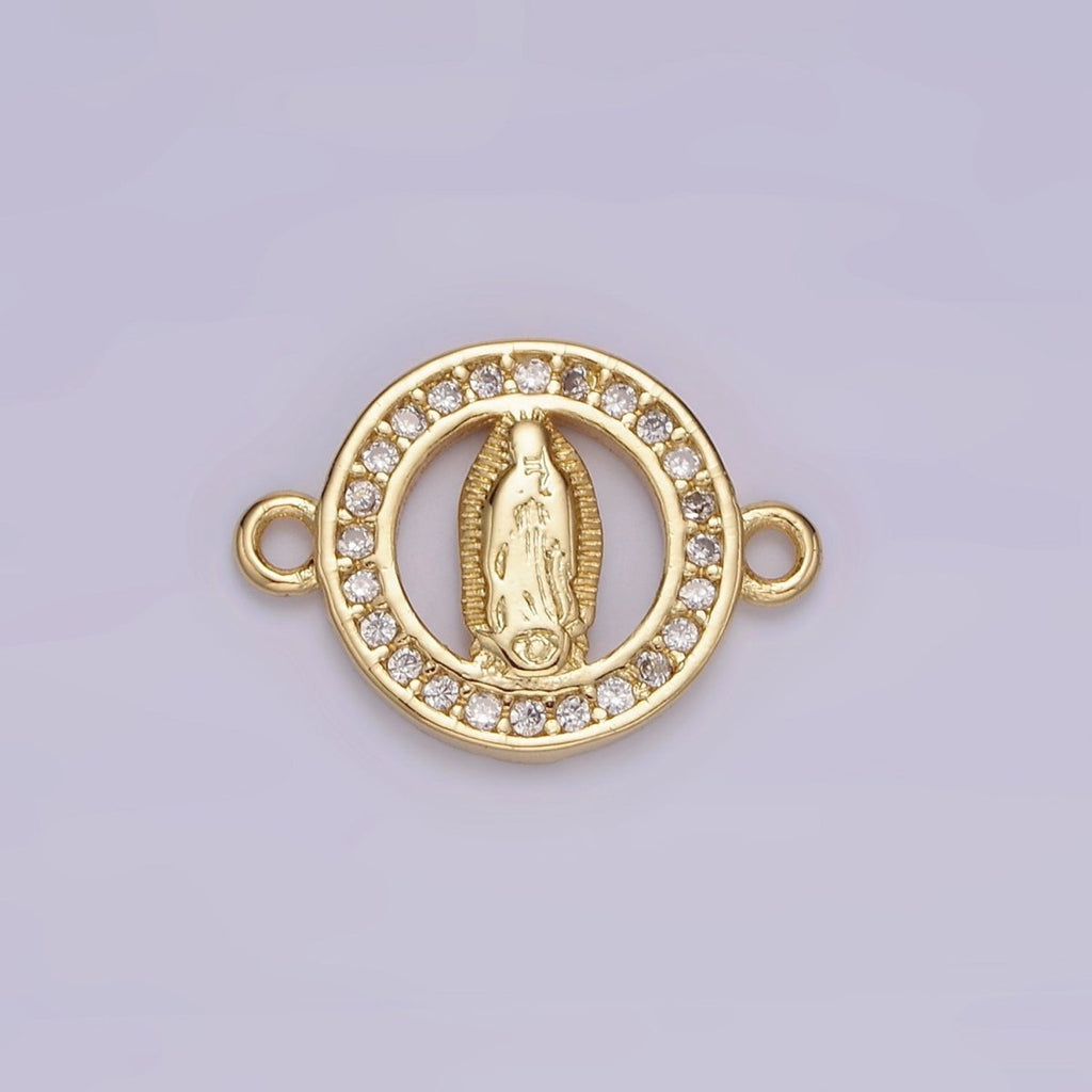 Gold plated 12mm Mini Mary Lady Guadalupe Clear CZ Lined Open Round Connector G-722 - DLUXCA