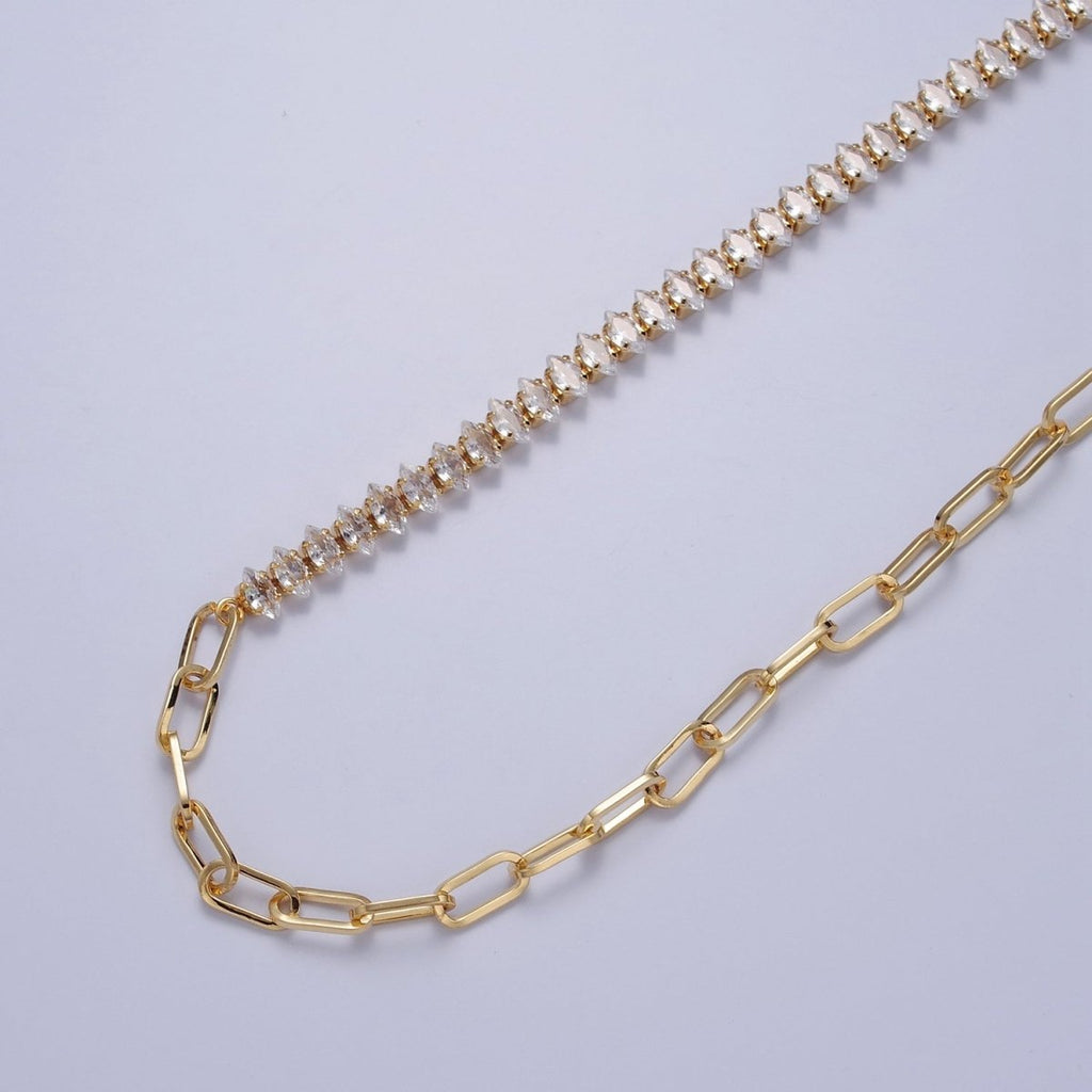 Gold plated 16 Inch Half Clear CZ Marquise Tennis Chain, Half Paperclip Chain Necklace in Gold & Silver Color | WA-958 Clearance Pricing