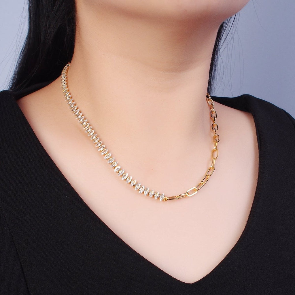 Gold plated 16 Inch Half Clear CZ Marquise Tennis Chain, Half Paperclip Chain Necklace in Gold & Silver Color | WA-958 Clearance Pricing
