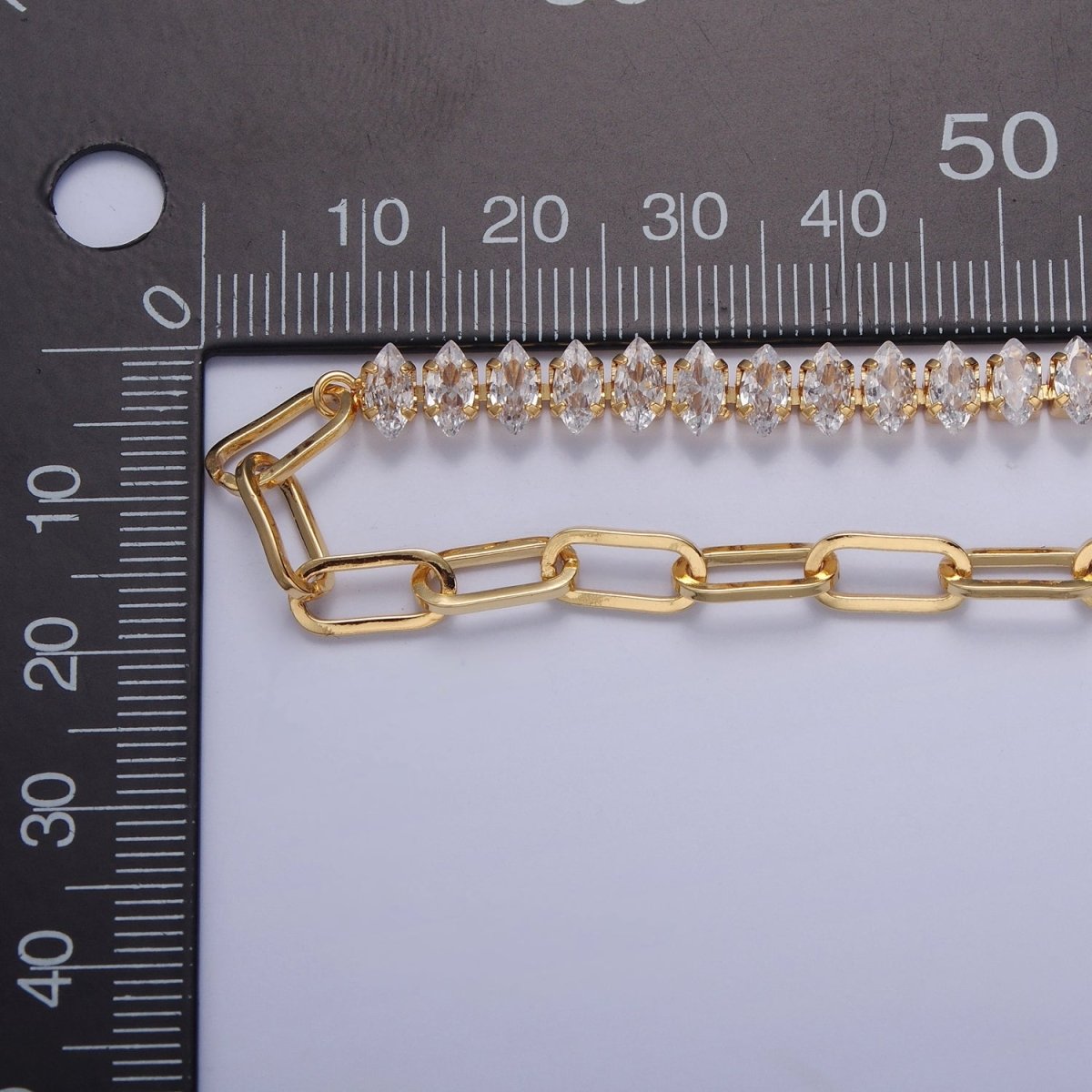 Gold plated 16 Inch Half Clear CZ Marquise Tennis Chain, Half Paperclip Chain Necklace in Gold & Silver Color | WA-958 Clearance Pricing