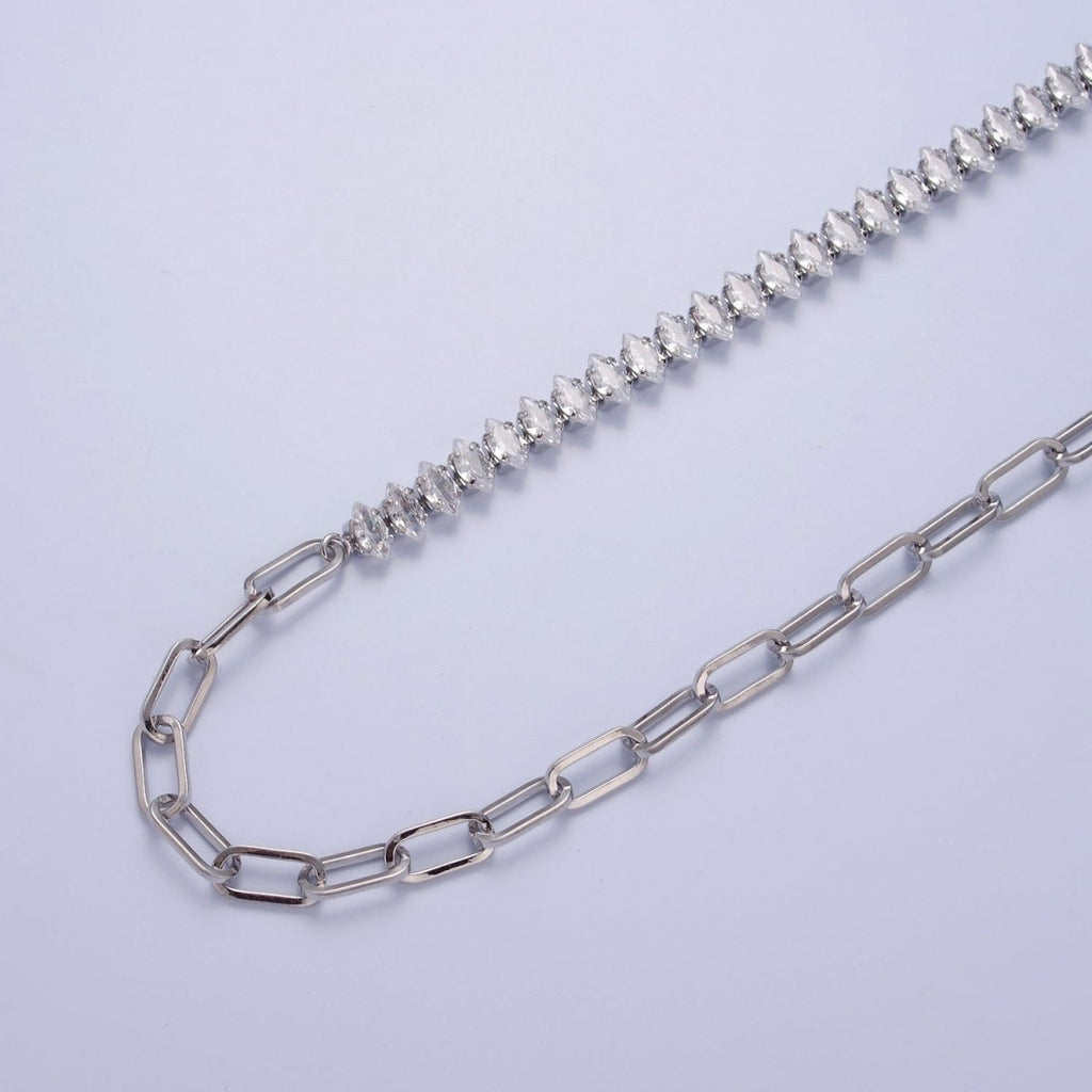 Gold plated 16 Inch Half Clear CZ Marquise Tennis Chain, Half Paperclip Chain Necklace in Gold & Silver Color | WA-958 Clearance Pricing