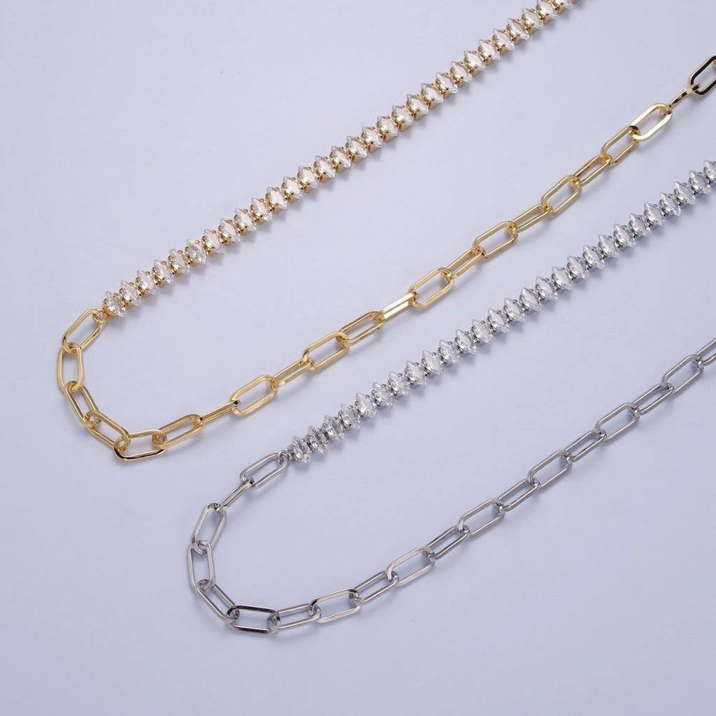 Gold plated 16 Inch Half Clear CZ Marquise Tennis Chain, Half Paperclip Chain Necklace in Gold & Silver Color | WA-958 Clearance Pricing