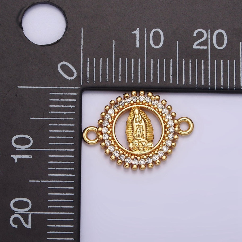 Gold plated 17.5mm Lady Guadalupe Mary Open CZ Lined Beaded Round Connector G-720 - DLUXCA