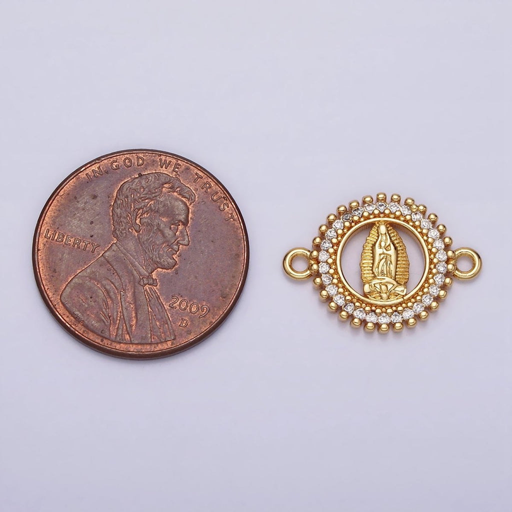 Gold plated 17.5mm Lady Guadalupe Mary Open CZ Lined Beaded Round Connector G-720 - DLUXCA